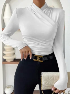 Clearance Cross-Over Collar Pleated Cinched T-Shirt T-shirts|Tops