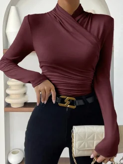 Clearance Cross-Over Collar Pleated Cinched T-Shirt T-shirts|Tops