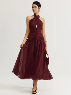 Best Cross-Over Halter Pleated Long Dress Cocktail & Party Dresses|Vacation Dresses