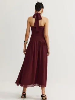 Best Cross-Over Halter Pleated Long Dress Cocktail & Party Dresses|Vacation Dresses