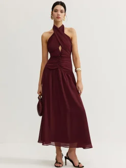 Best Cross-Over Halter Pleated Long Dress Cocktail & Party Dresses|Vacation Dresses
