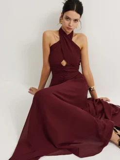 Best Cross-Over Halter Pleated Long Dress Cocktail & Party Dresses|Vacation Dresses