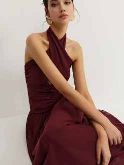 Best Cross-Over Halter Pleated Long Dress Cocktail & Party Dresses|Vacation Dresses