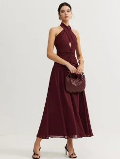 Best Cross-Over Halter Pleated Long Dress Cocktail & Party Dresses|Vacation Dresses