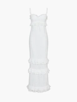 Online Cup Detail Layered Ruffle Eyelet Long Dress White Dresses|Casual Dresses
