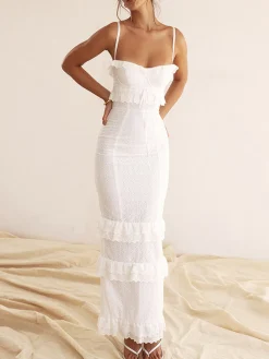 Online Cup Detail Layered Ruffle Eyelet Long Dress White Dresses|Casual Dresses