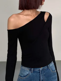 Best Cut Out Asymmetric Off Shoulder Slinky Long Sleeve Shirt T-shirts|Tops
