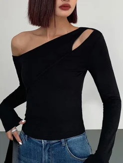 Best Cut Out Asymmetric Off Shoulder Slinky Long Sleeve Shirt T-shirts|Tops