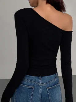Best Cut Out Asymmetric Off Shoulder Slinky Long Sleeve Shirt T-shirts|Tops