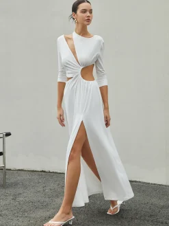 Best Cut Out Ruched Split Knit Maxi Dress White Dresses|Casual Dresses