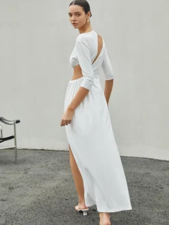 Best Cut Out Ruched Split Knit Maxi Dress White Dresses|Casual Dresses