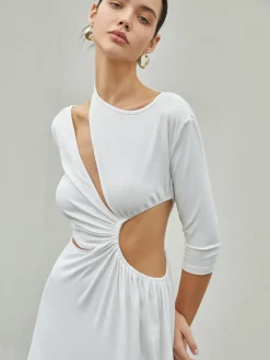 Best Cut Out Ruched Split Knit Maxi Dress White Dresses|Casual Dresses