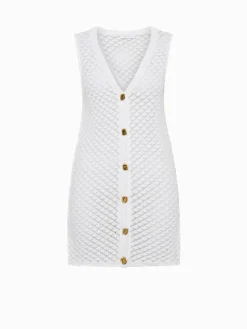 Hot Cutout Button V-Neck Sweater Dress White Dresses|Sweater Dresses