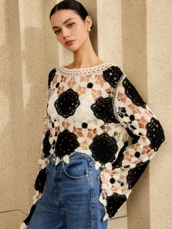 Discount Cutout Crochet Flower Sweater Sweater Tops|Sweaters & Cardigans