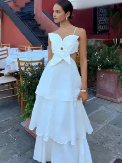 Hot Cutout Flower Backless Long Dress White Dresses|Cocktail & Party Dresses