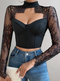 Discount Cutout Lace Panel Corset Blouse Corset Tops|Blouses & Shirts
