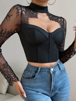 Discount Cutout Lace Panel Corset Blouse Corset Tops|Blouses & Shirts