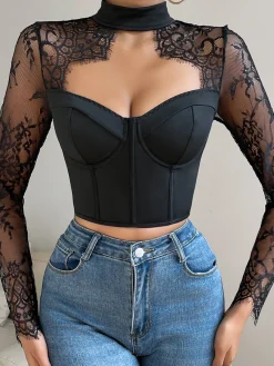Discount Cutout Lace Panel Corset Blouse Corset Tops|Blouses & Shirts