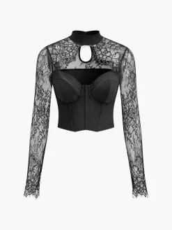 Discount Cutout Lace Panel Corset Blouse Corset Tops|Blouses & Shirts