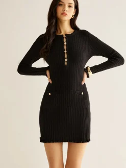 Sale Cutout Lettuce Trim Sweater Dress Black Dresses|Sweater Dresses