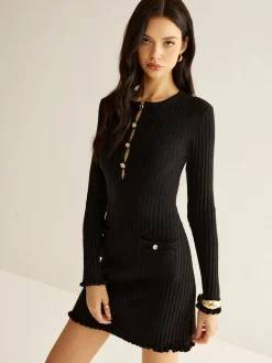 Sale Cutout Lettuce Trim Sweater Dress Black Dresses|Sweater Dresses