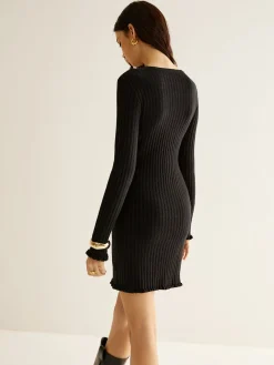 Sale Cutout Lettuce Trim Sweater Dress Black Dresses|Sweater Dresses