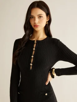 Sale Cutout Lettuce Trim Sweater Dress Black Dresses|Sweater Dresses