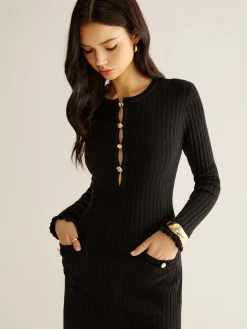 Sale Cutout Lettuce Trim Sweater Dress Black Dresses|Sweater Dresses