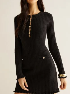 Sale Cutout Lettuce Trim Sweater Dress Black Dresses|Sweater Dresses