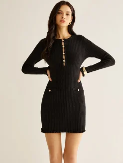 Sale Cutout Lettuce Trim Sweater Dress Black Dresses|Sweater Dresses