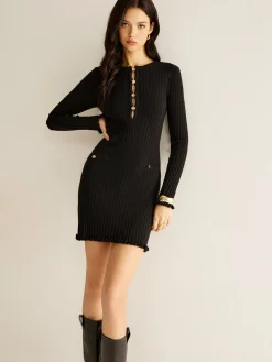 Sale Cutout Lettuce Trim Sweater Dress Black Dresses|Sweater Dresses