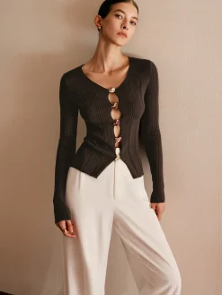 Discount Cutout Metal Button Knit Top Sweater Tops|Sweaters & Cardigans