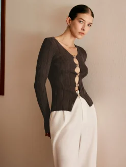Discount Cutout Metal Button Knit Top Sweater Tops|Sweaters & Cardigans