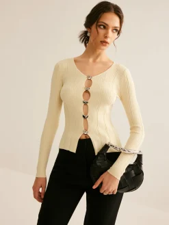Discount Cutout Metal Button Knit Top Sweater Tops|Sweaters & Cardigans