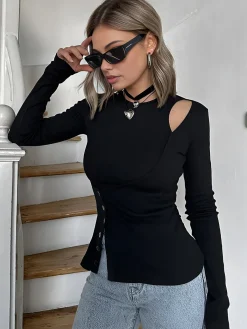 Online Cutout Panel Button Blouse Blouses & Shirts|Tops