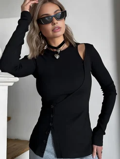 Online Cutout Panel Button Blouse Blouses & Shirts|Tops