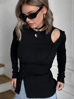 Online Cutout Panel Button Blouse Blouses & Shirts|Tops