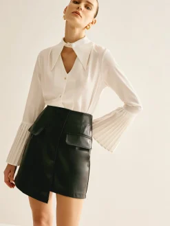 New Cutout Plain Button Pleated Cuff Shirt Blouses & Shirts