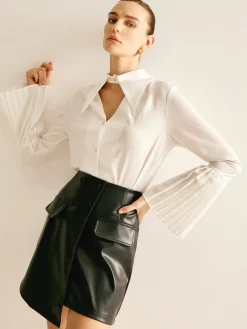 New Cutout Plain Button Pleated Cuff Shirt Blouses & Shirts