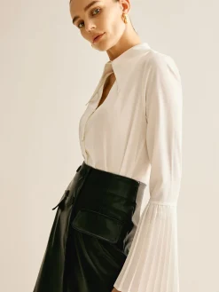 New Cutout Plain Button Pleated Cuff Shirt Blouses & Shirts