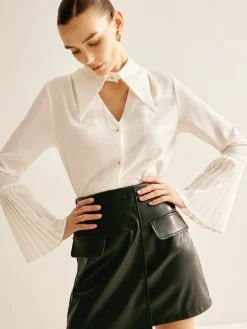 New Cutout Plain Button Pleated Cuff Shirt Blouses & Shirts