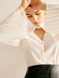 New Cutout Plain Button Pleated Cuff Shirt Blouses & Shirts