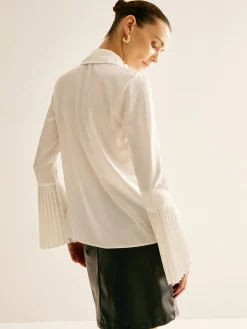 New Cutout Plain Button Pleated Cuff Shirt Blouses & Shirts