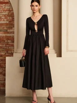 Outlet Cutout Pleated Panel Dress Black Dresses|Casual Dresses