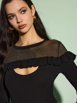 Clearance Cutout Ruffle Sheer Panel Knit Top Knitwear|Tops