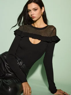 Clearance Cutout Ruffle Sheer Panel Knit Top Knitwear|Tops
