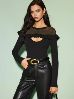 Clearance Cutout Ruffle Sheer Panel Knit Top Knitwear|Tops