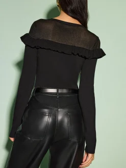 Clearance Cutout Ruffle Sheer Panel Knit Top Knitwear|Tops