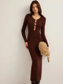 Clearance Cutout Slim Sweater Long Dress Sweater Dresses|Work Dresses