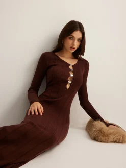 Clearance Cutout Slim Sweater Long Dress Sweater Dresses|Work Dresses